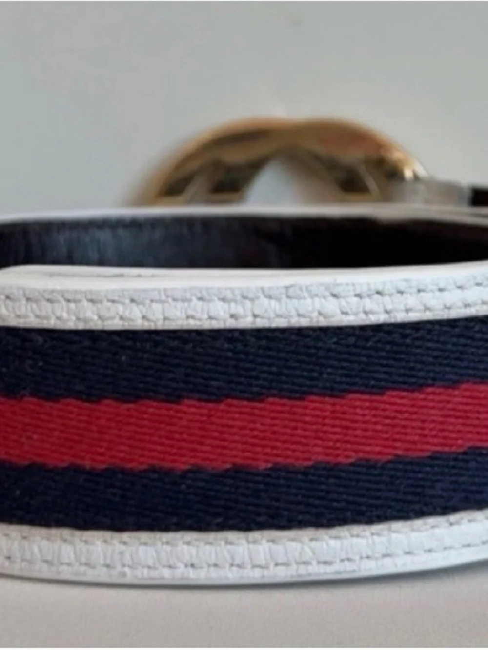 White, Navy & Red Men’s Web Belt with Gold Double G Buckle